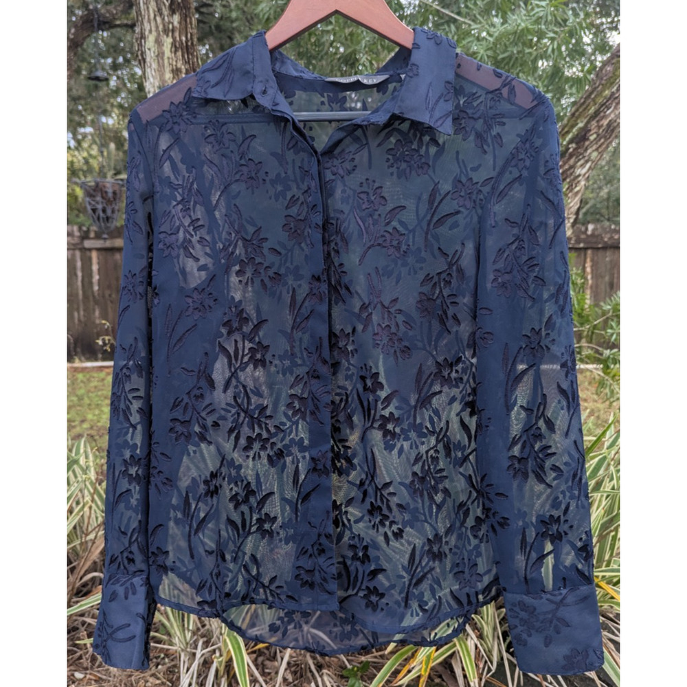 Copper Key Navy Blue M Floral Sheer Chiffon Button Up Long Sleeve Blouse
